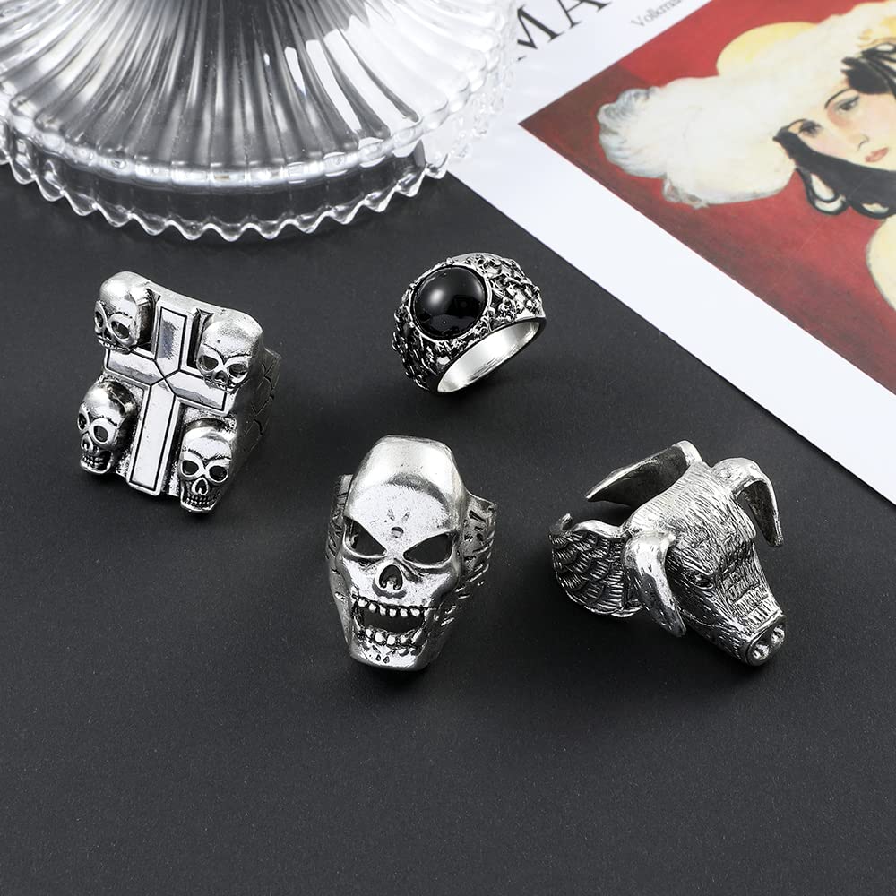 JSJOY Eddie Munson Ring Accessories Set Men Gifts Halloween Vintage Punk Skull Cross Ring Jewelry For Fans Gifts