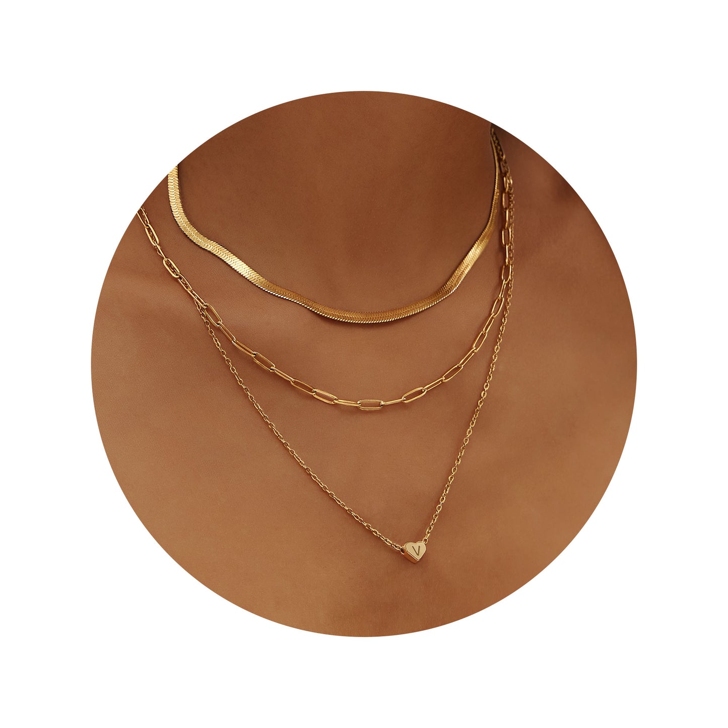 JSJOY Layered Initial Necklaces for Women, Gold Initial Heart Pendant Necklace Cute Letter A-Z Necklaces Tiny Initial Monogram Snake Choker Dainty Paperclip Chain Necklace for Girls
