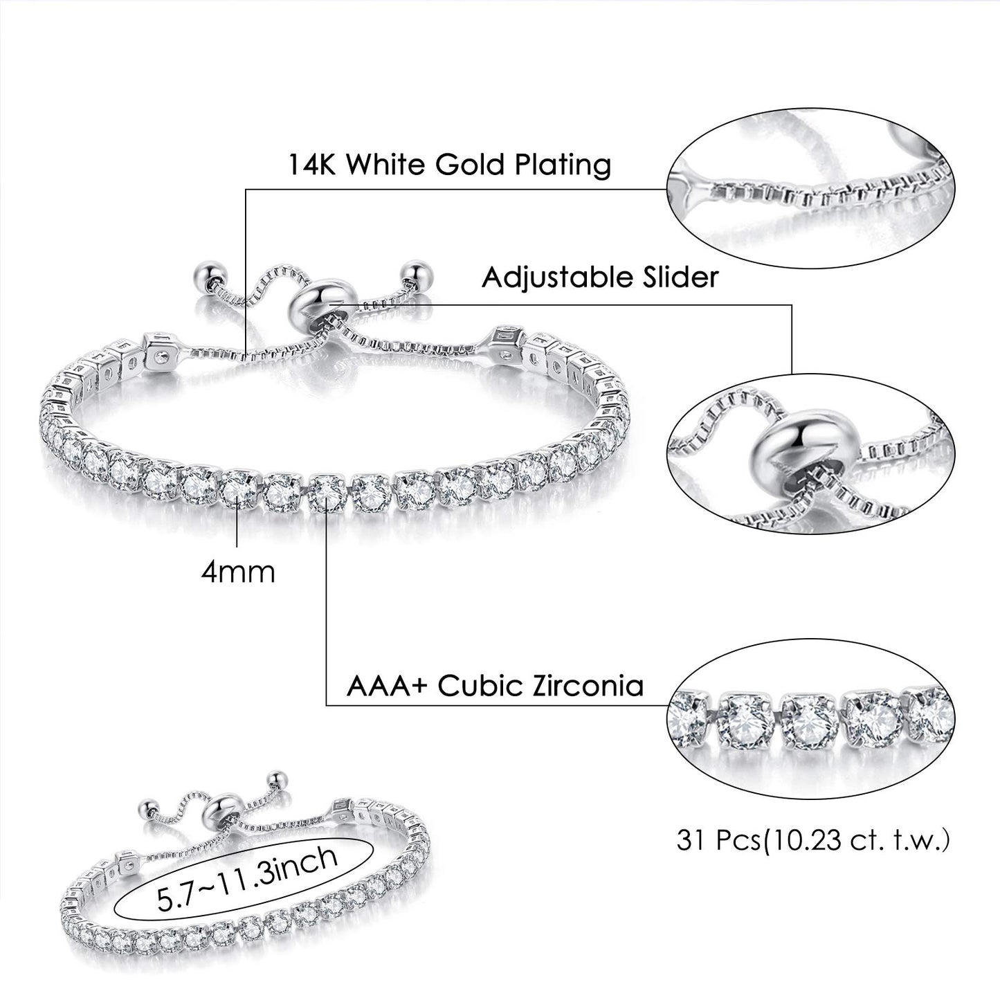 JSJOY 3 Pcs Tennis Bracelets for Women 14K Gold Plated 4mm 5A+ Cubic Zirconia CZ Diamond Classic Adjustable Slider Bracelet Fashion Jewelry Wedding Gift Size 6.5-7.5 Inch