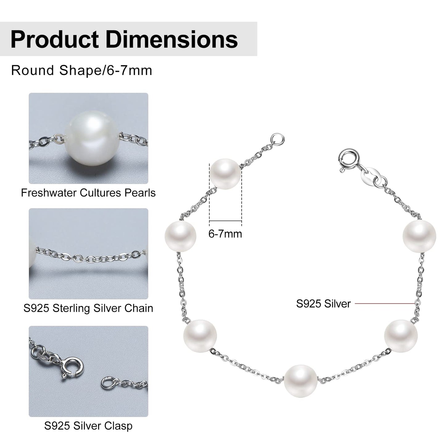 Pearl Bracelet for Women 6-7mm S925 Sterling Silver Freshwater Cultured Pearl Bracelets for Women Girl Mom 7 Inche Precious holiday gifts
