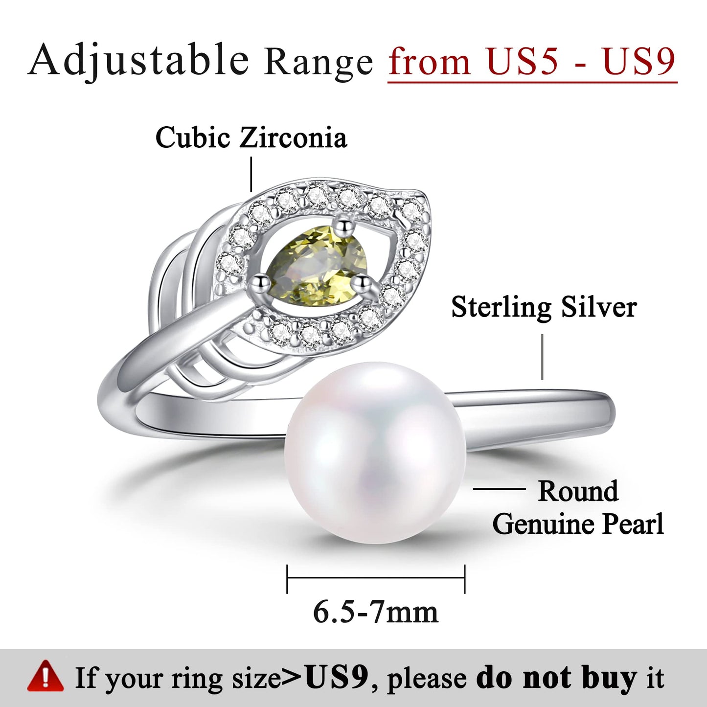 Pearl Ring Sterling Silver Rings for Women 925 Adjustable with Cubic Zirconia Open June Birthstone Rings for Teen Girls with Real Round Genuine Freshwater Cultured Stackable