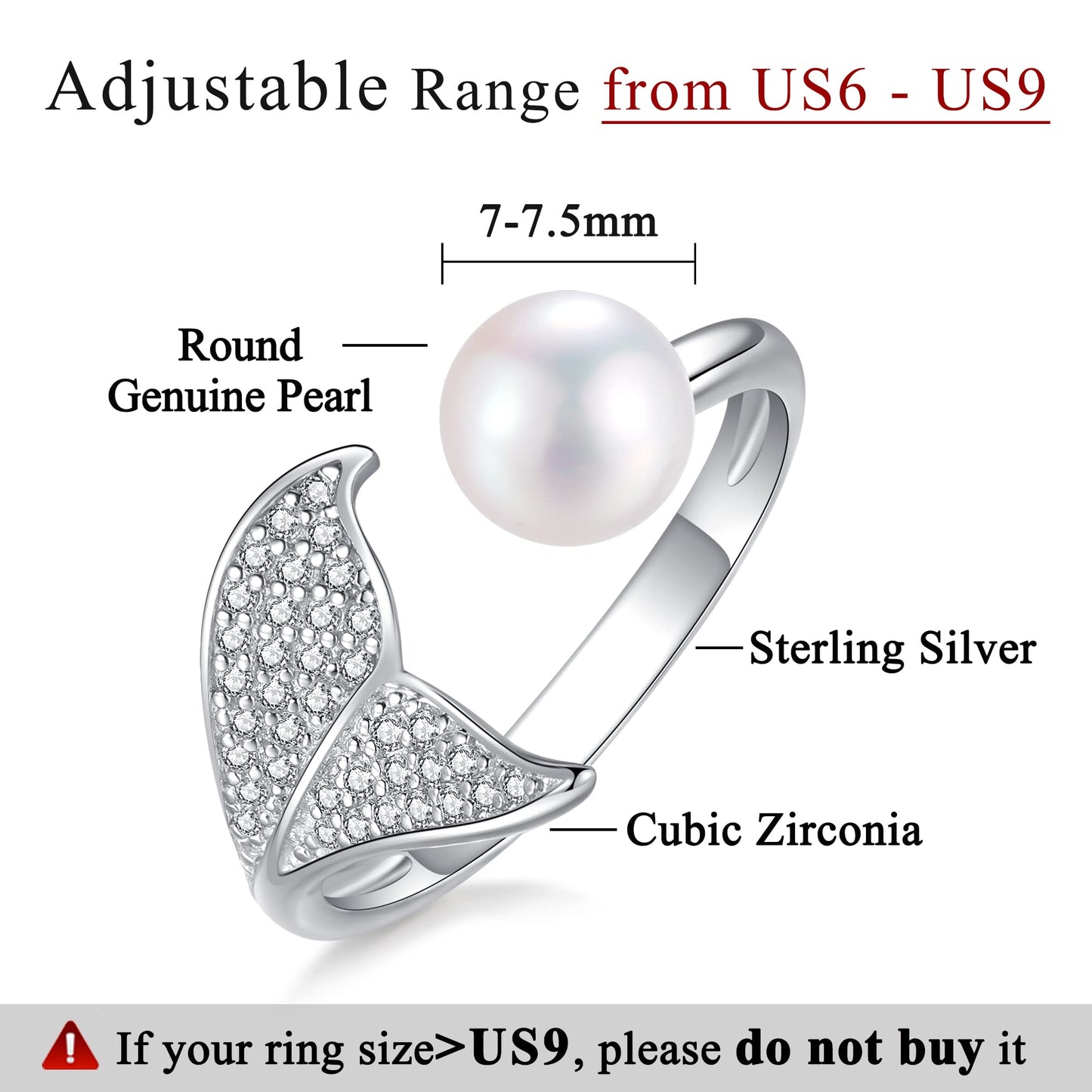 Pearl Ring Sterling Silver Rings for Women 925 Adjustable with Cubic Zirconia Open June Birthstone Rings for Teen Girls with Real Round Genuine Freshwater Cultured Stackable