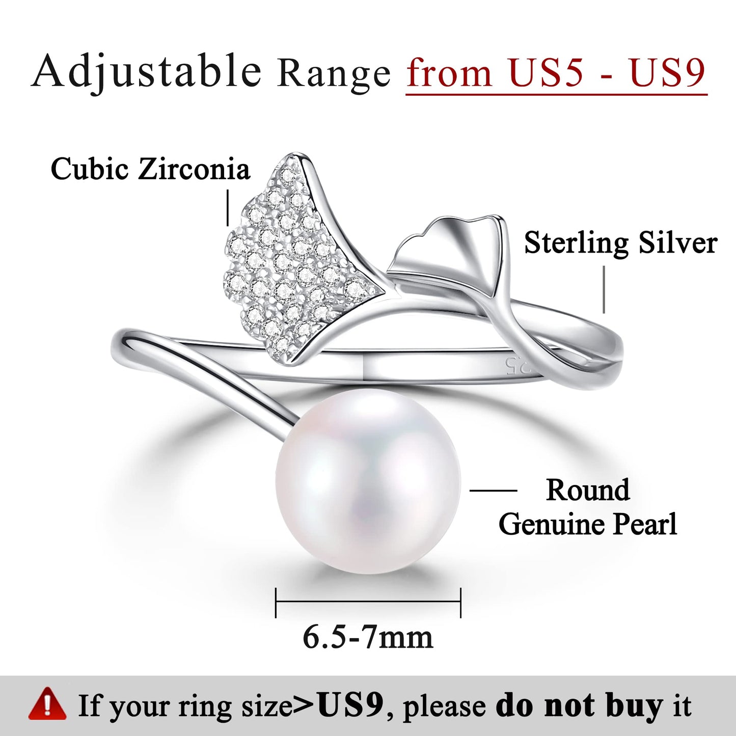 Pearl Ring Sterling Silver Rings for Women 925 Adjustable with Cubic Zirconia Open June Birthstone Rings for Teen Girls with Real Round Genuine Freshwater Cultured Stackable