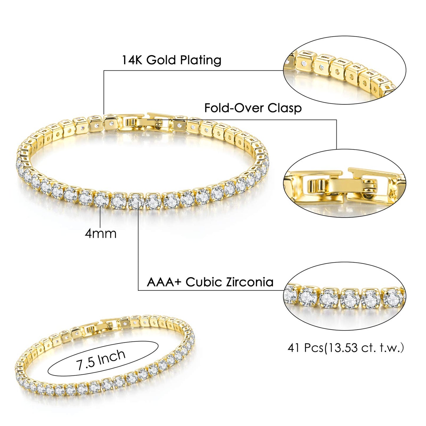 JSJOY 3 Pcs Tennis Bracelets for Women 14K Gold Plated 4mm 5A+ Cubic Zirconia CZ Diamond Classic Adjustable Slider Bracelet Fashion Jewelry Wedding Gift Size 6.5-7.5 Inch
