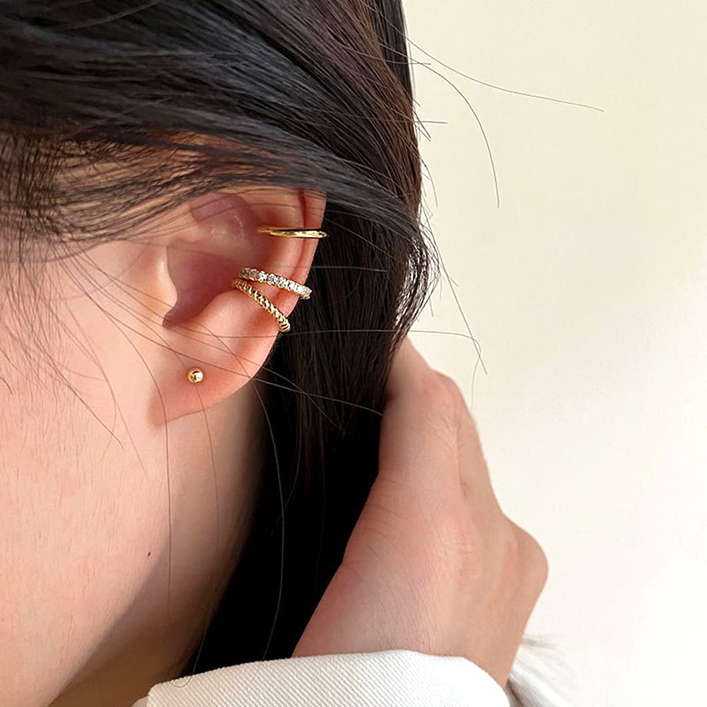 JSJOY 3Pcs 14K Gold Plated Cubic Zirconia Ear Cuffs for Non Pierced Ears Women Hypoallergenic Sparkling Round Cartilage Earring Jewelry Gifts