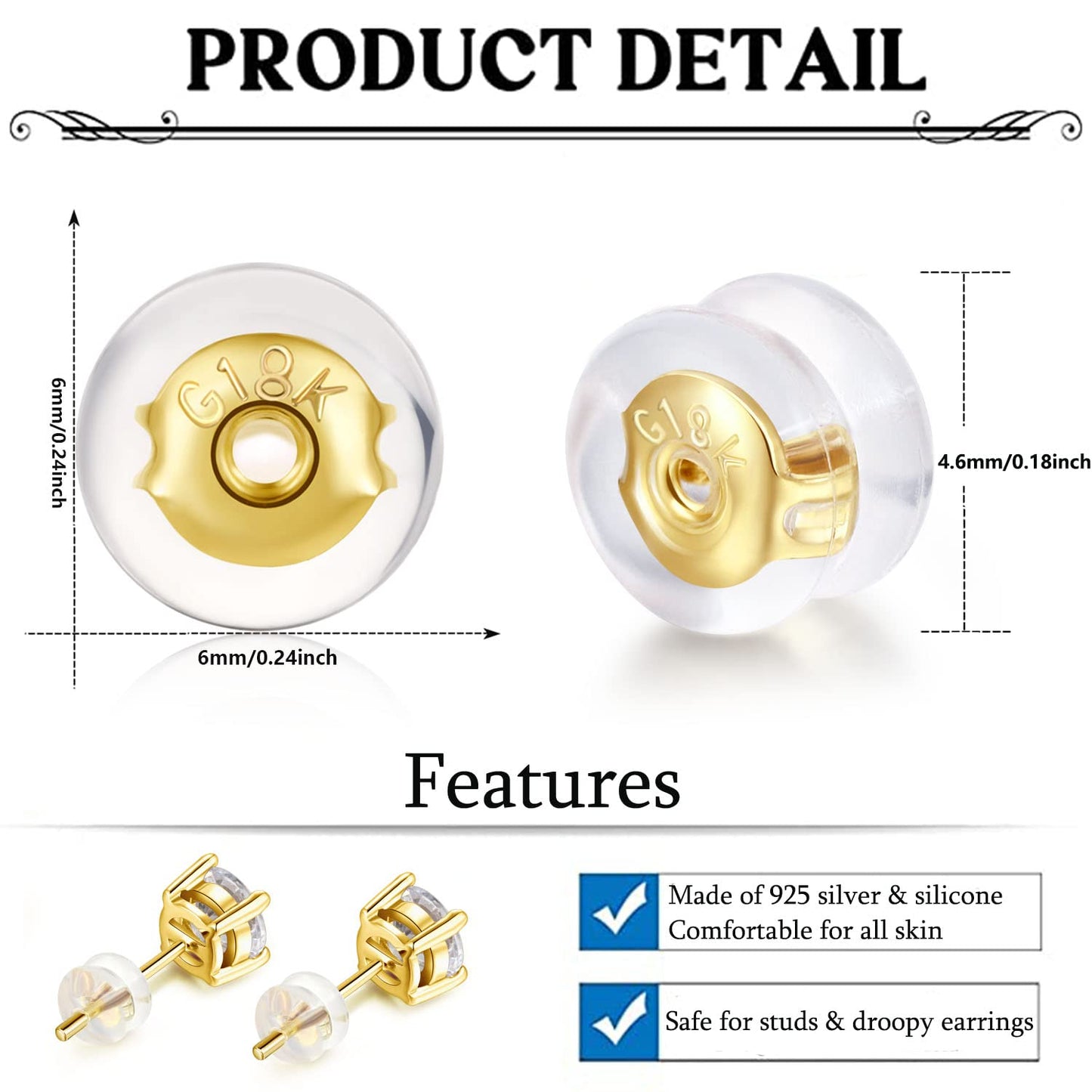 Sterling Silver Locking Secure Earring Backs for Studs Silicone Earring Backs Replacements for Studs Droopy Ears No-Irritate Hypoallergenice Earring Backs for Adults&Kid