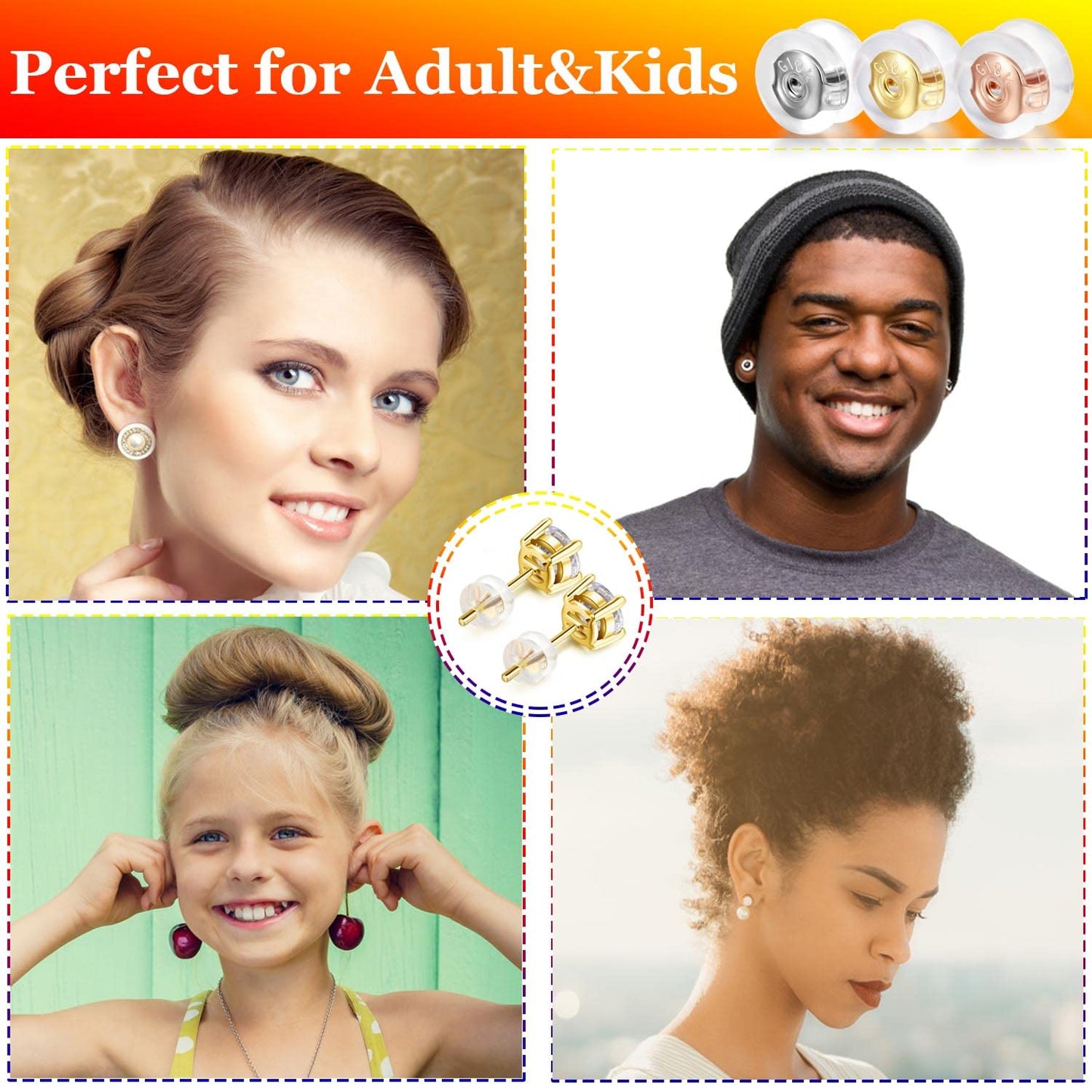 Sterling Silver Locking Secure Earring Backs for Studs Silicone Earring Backs Replacements for Studs Droopy Ears No-Irritate Hypoallergenice Earring Backs for Adults&Kid