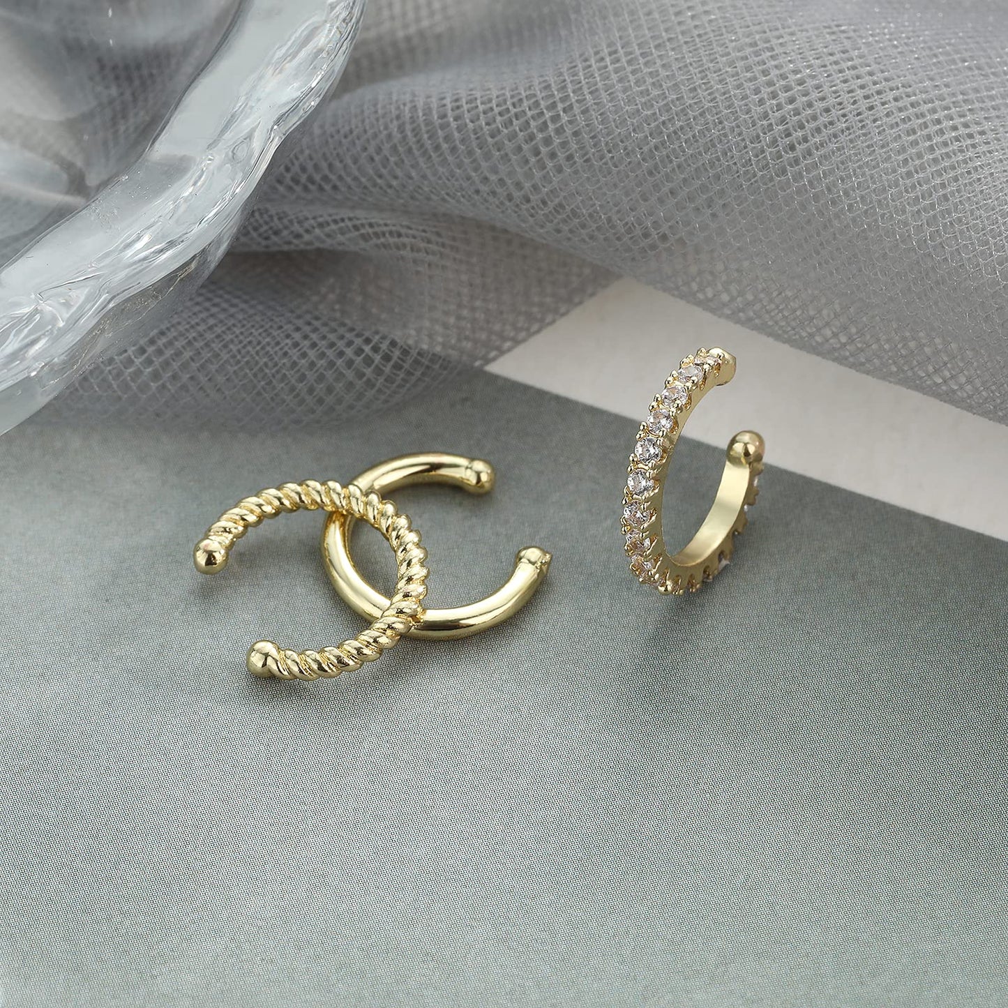 JSJOY 3Pcs 14K Gold Plated Cubic Zirconia Ear Cuffs for Non Pierced Ears Women Hypoallergenic Sparkling Round Cartilage Earring Jewelry Gifts