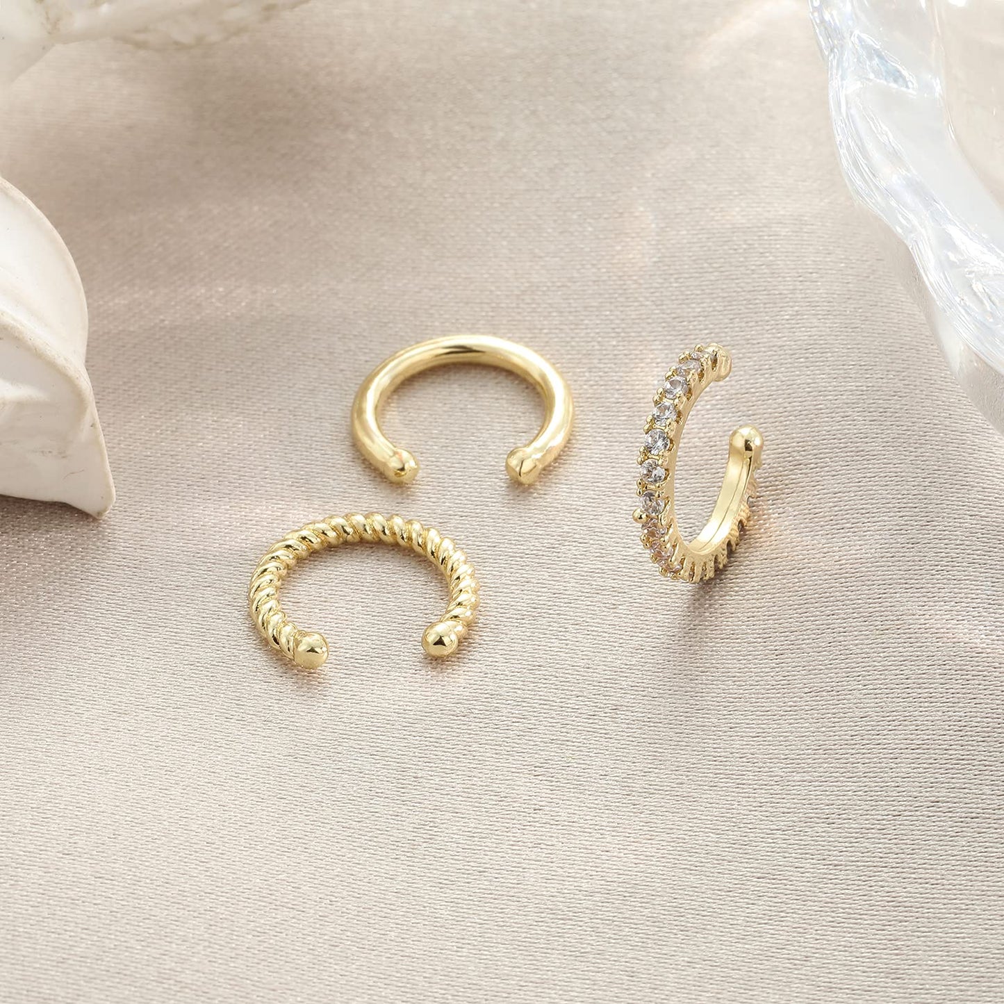 JSJOY 3Pcs 14K Gold Plated Cubic Zirconia Ear Cuffs for Non Pierced Ears Women Hypoallergenic Sparkling Round Cartilage Earring Jewelry Gifts