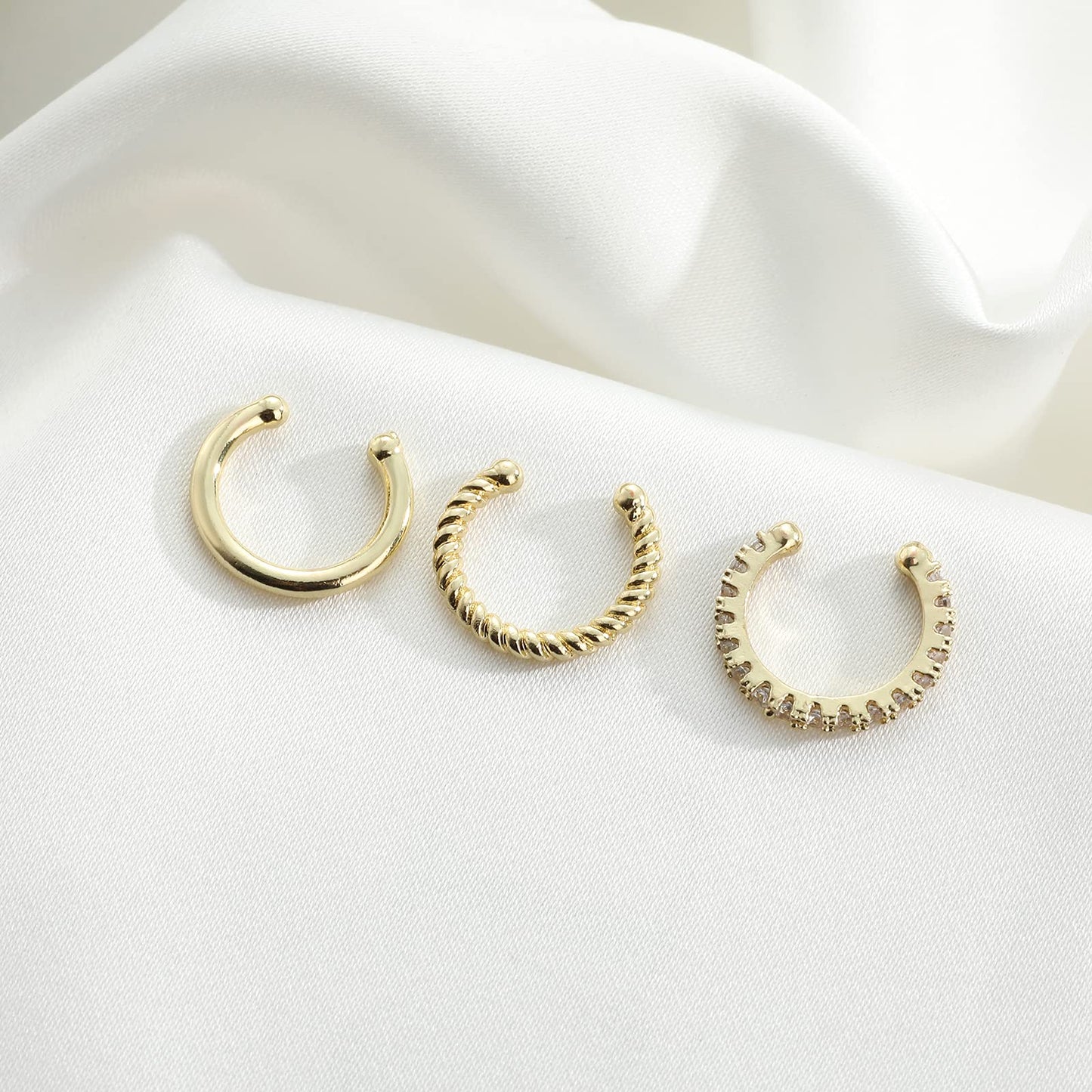 JSJOY 3Pcs 14K Gold Plated Cubic Zirconia Ear Cuffs for Non Pierced Ears Women Hypoallergenic Sparkling Round Cartilage Earring Jewelry Gifts