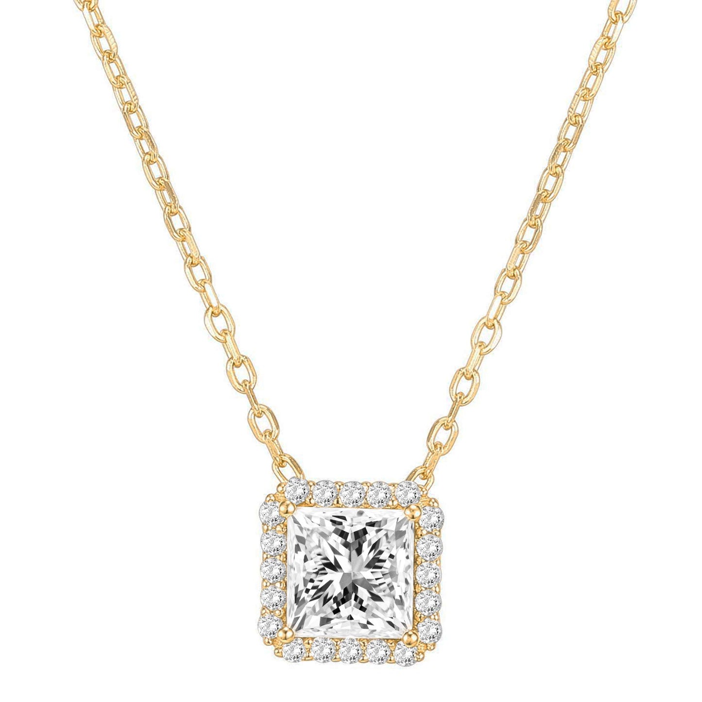 JSJOY 14K Gold Plated Post Faux Diamond Round Solitaire Pendant Halo Gold Necklace for Women