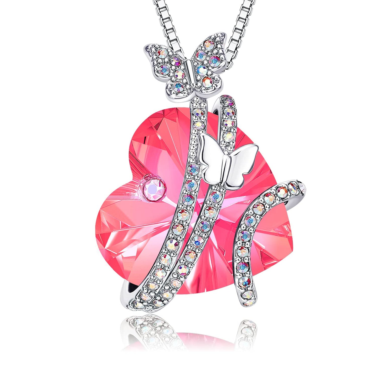 JSJOY Butterfly Love Heart Pendant Necklaces , Valentines Day Gifts for Her, Mother's Day Birthday Anniversary Jewelry Gifts for Women Mom Wife Girlfrind with Birthstone Crystals