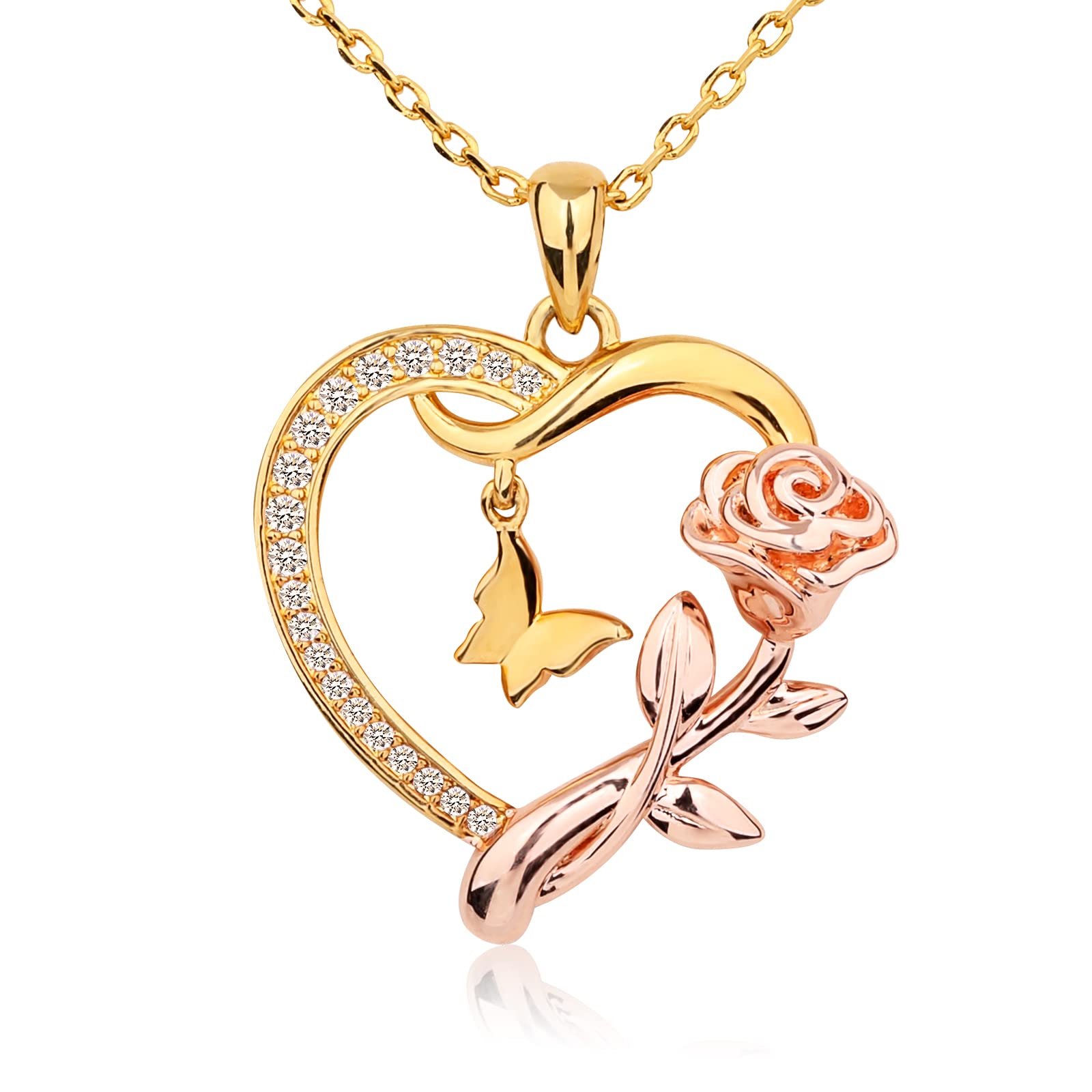 JSJOY Heart Shaped Butterfly Rose Pendant Necklace 925 Sterling Silver,  Ladies Heart Necklace 14k Gold Plated, Birthday Jewelry Gift for Girls