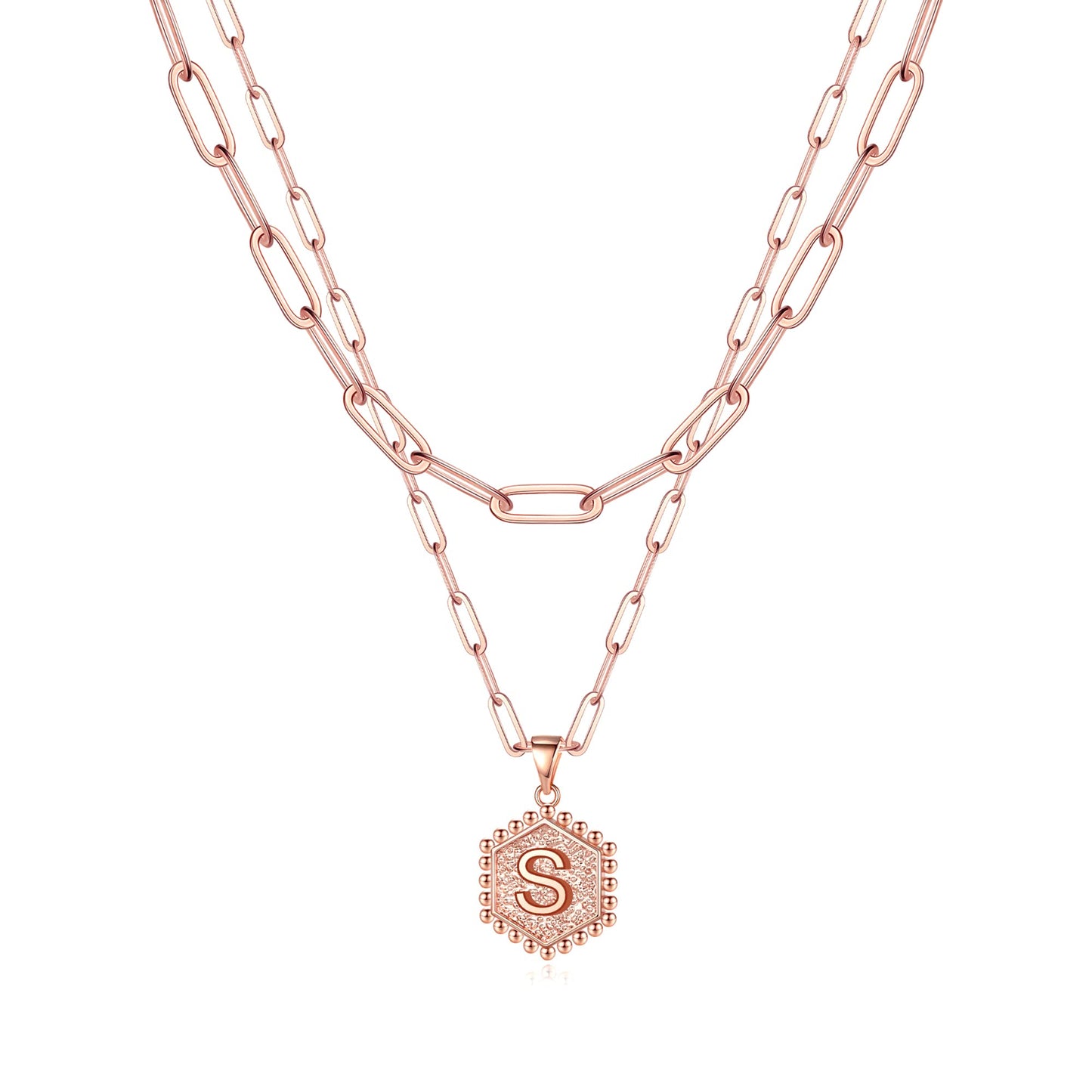 JSJOY 14K Gold Plated Paperclip Chain Necklace Simple Hexagon Letter Pendant Initial Choker Necklace Gold Layered Necklaces for Women Mother's Day Layered Initial Necklaces Gift for Mom