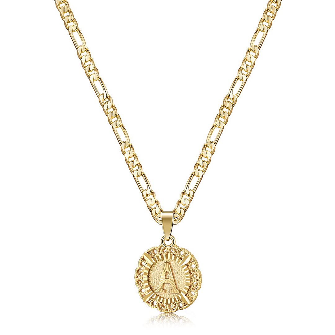JSJOY Initial Necklace For Women Girl,14K Gold Plated Round Letter Pendant Necklace Capital Monogram Necklace Alhpabets from A-Z Figaro Chain Necklace