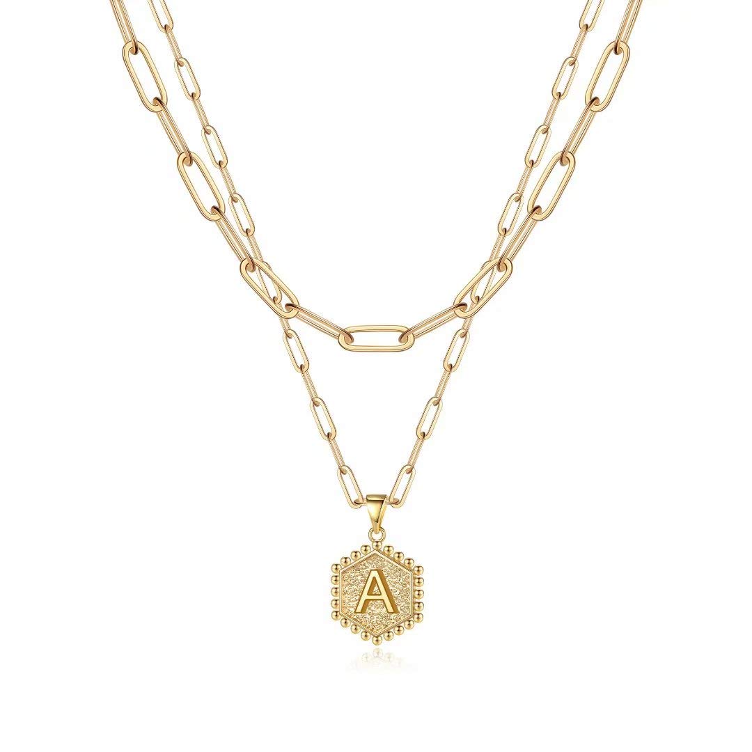 JSJOY 14K Gold Plated Paperclip Chain Necklace Simple Hexagon Letter Pendant Initial Choker Necklace Gold Layered Necklaces for Women Mother's Day Layered Initial Necklaces Gift for Mom