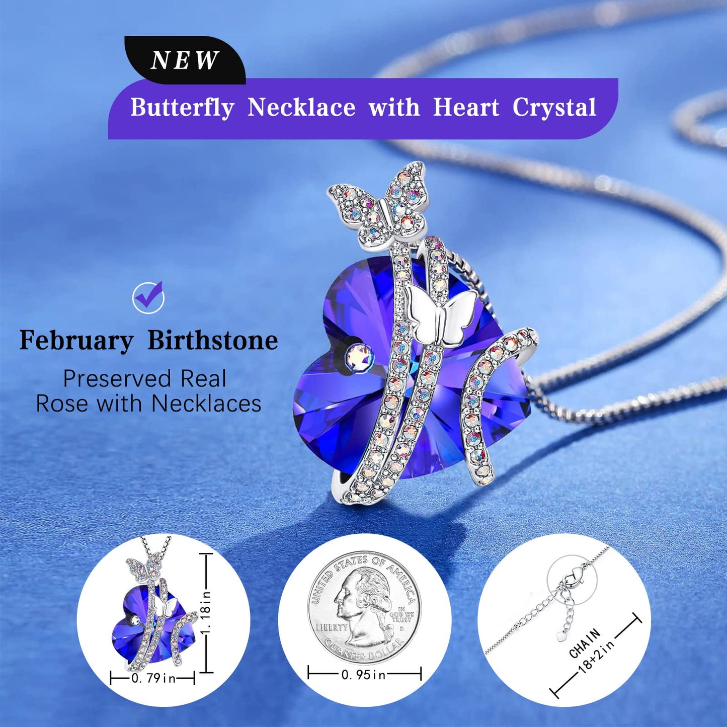 JSJOY Butterfly Love Heart Pendant Necklaces , Valentines Day Gifts for Her, Mother's Day Birthday Anniversary Jewelry Gifts for Women Mom Wife Girlfrind with Birthstone Crystals