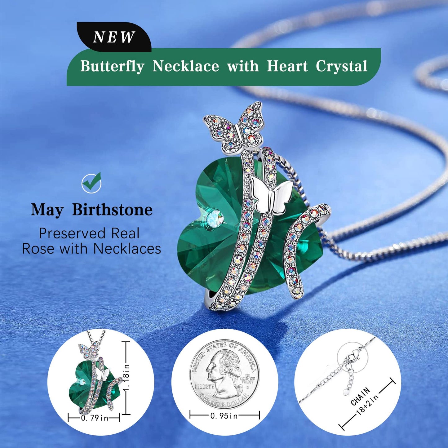 JSJOY Butterfly Love Heart Pendant Necklaces , Valentines Day Gifts for Her, Mother's Day Birthday Anniversary Jewelry Gifts for Women Mom Wife Girlfrind with Birthstone Crystals