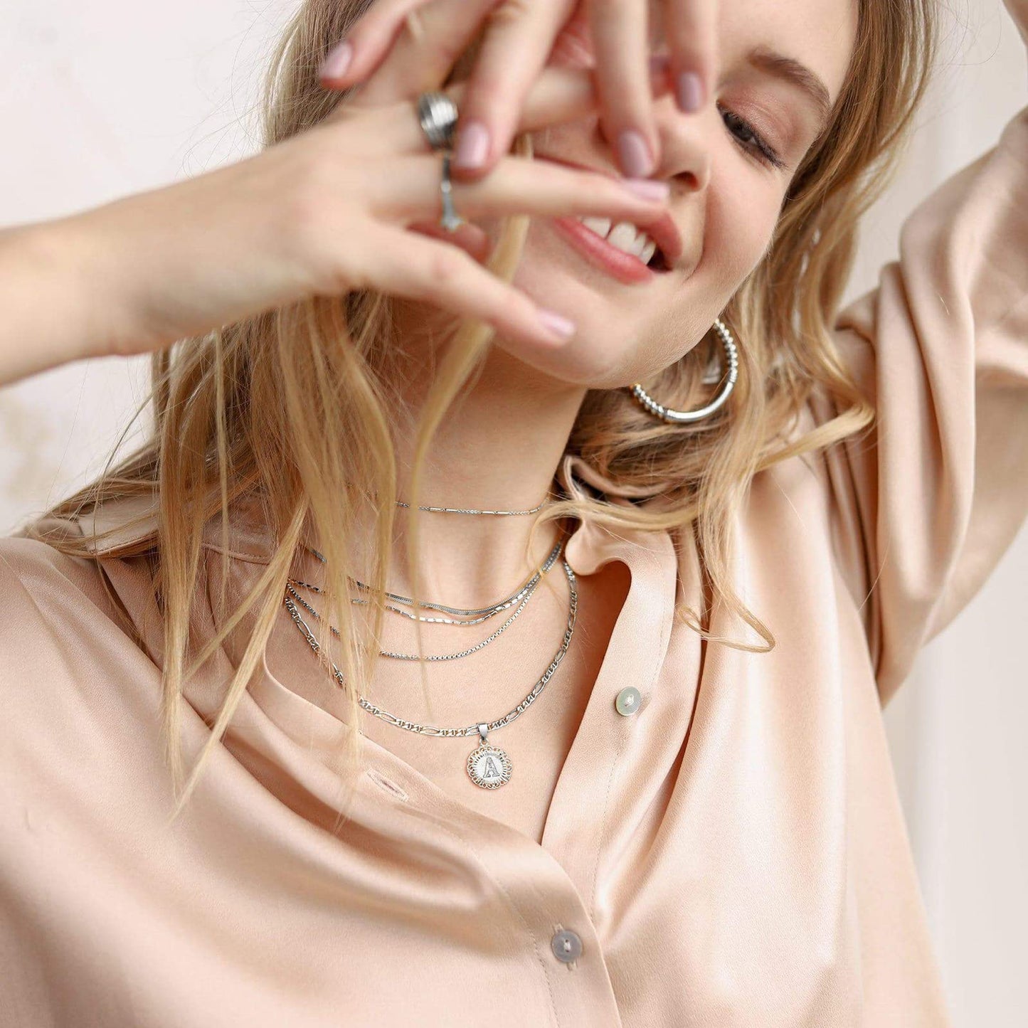 JSJOY Initial Necklace For Women Girl,14K Gold Plated Round Letter Pendant Necklace Capital Monogram Necklace Alhpabets from A-Z Figaro Chain Necklace