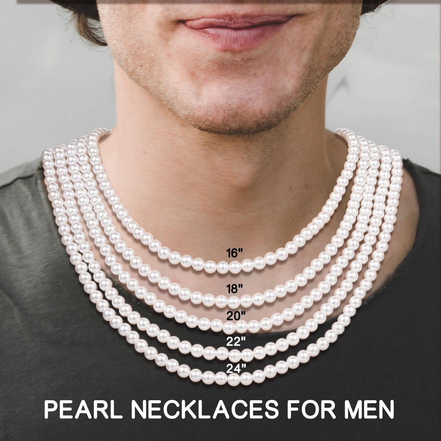 JSJOY Pearl Necklace for Men, Round Mens Pearl Necklace White Pearl Necklaces for Women, 4mm 6mm 8mm Pearl Choker Necklace 16",18",20",22",24" Gifts for Men Boys Husband Son