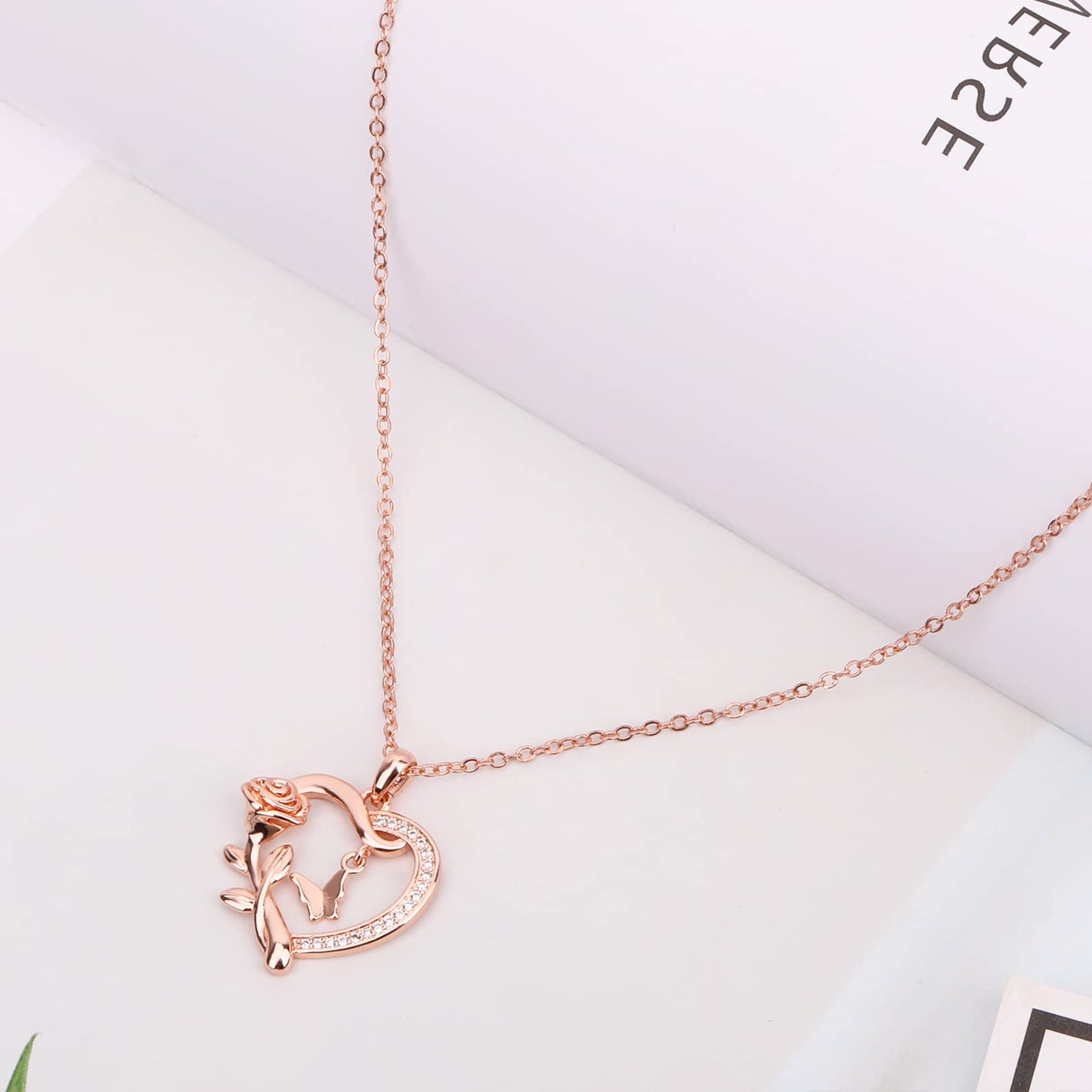 JSJOY Heart Shaped Butterfly Rose Pendant Necklace 925 Sterling Silver, Ladies Heart Necklace 14k Gold Plated, Birthday Jewelry Gift for Girls