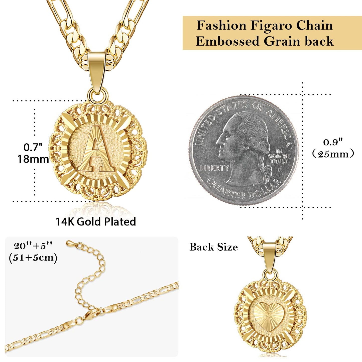 JSJOY Initial Necklace For Women Girl,14K Gold Plated Round Letter Pendant Necklace Capital Monogram Necklace Alhpabets from A-Z Figaro Chain Necklace