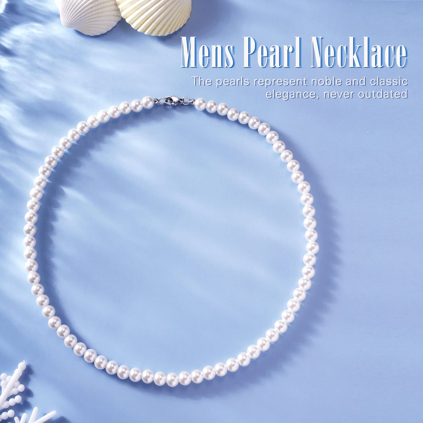 JSJOY Pearl Necklace for Men, Round Mens Pearl Necklace White Pearl Necklaces for Women, 4mm 6mm 8mm Pearl Choker Necklace 16",18",20",22",24" Gifts for Men Boys Husband Son