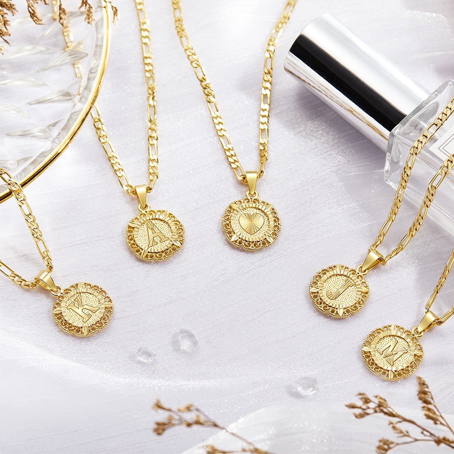 JSJOY Initial Necklace For Women Girl,14K Gold Plated Round Letter Pendant Necklace Capital Monogram Necklace Alhpabets from A-Z Figaro Chain Necklace