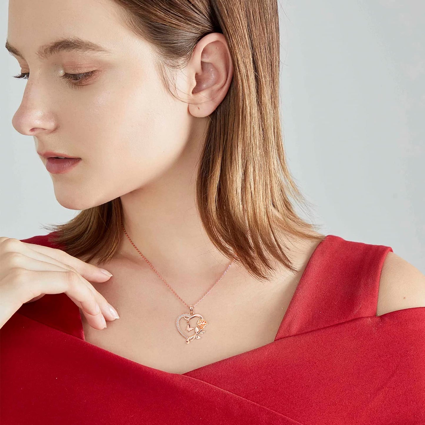 JSJOY Heart Shaped Butterfly Rose Pendant Necklace 925 Sterling Silver, Ladies Heart Necklace 14k Gold Plated, Birthday Jewelry Gift for Girls