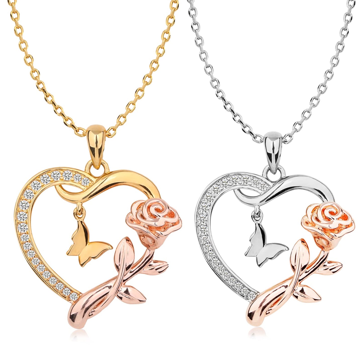 JSJOY Heart Shaped Butterfly Rose Pendant Necklace 925 Sterling Silver, Ladies Heart Necklace 14k Gold Plated, Birthday Jewelry Gift for Girls