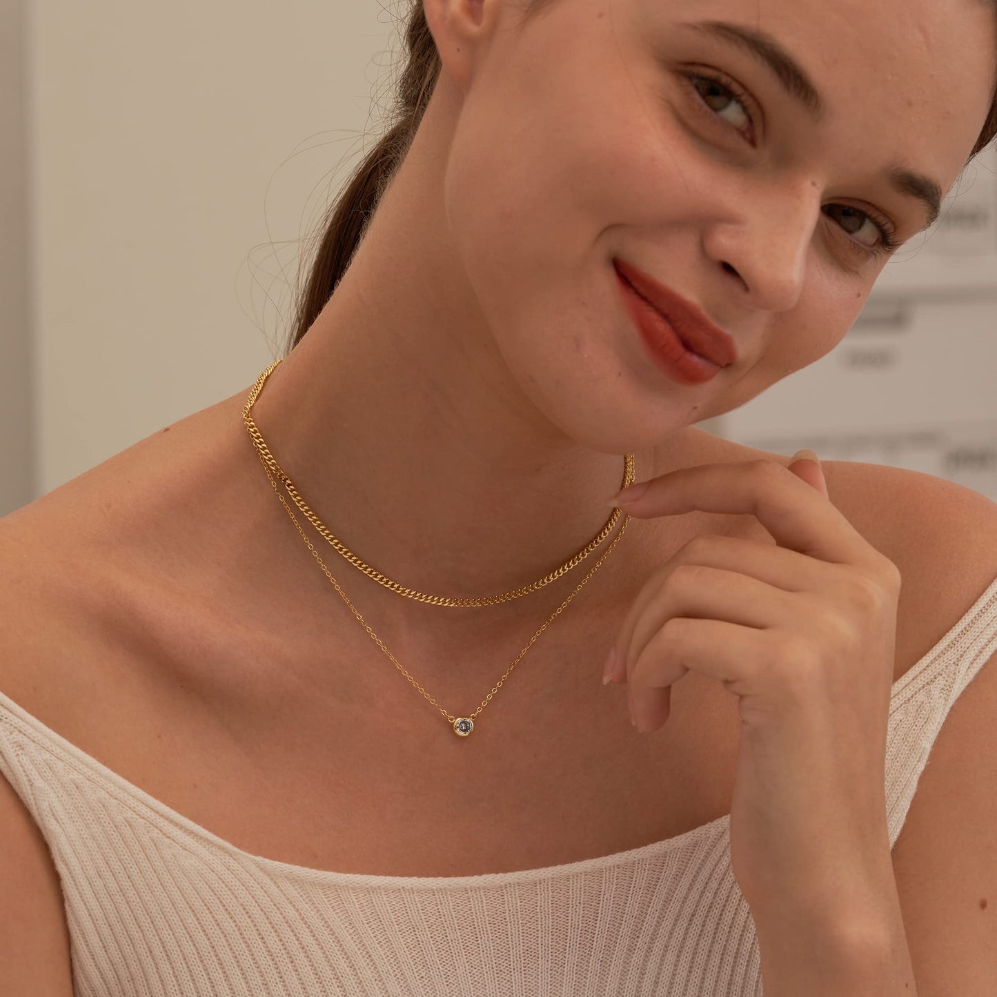 JSJOY Layered necklace Diamond Necklaces for Women Dainty Gold Necklace 14k Gold Plated Long Lariat Simple Gold CZ Diamond Choker for Women Trendy Gold Necklace Jewelry Gifts for Girls