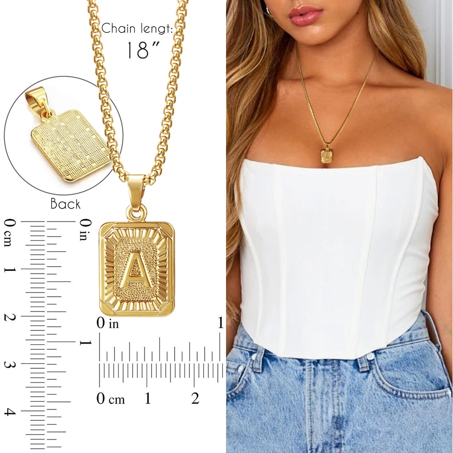 JSJOY 18K Yellow Gold Plated Initial A-Z Letter Pendant Necklace Mens Womens Capital Letter Chain 18inch