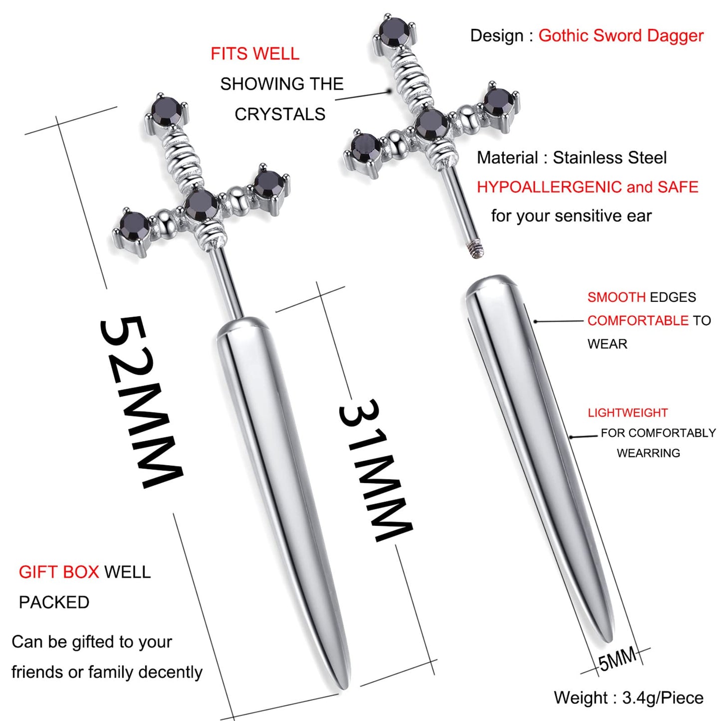 JSJOY Gothic Earrings For Women Sword Earrings, Goth Dagger Screw Back Earrings Cool Mens Earrings Fake Gauge Illusion Jewelry Stainless Steel 18g Ear Jacket Earrings