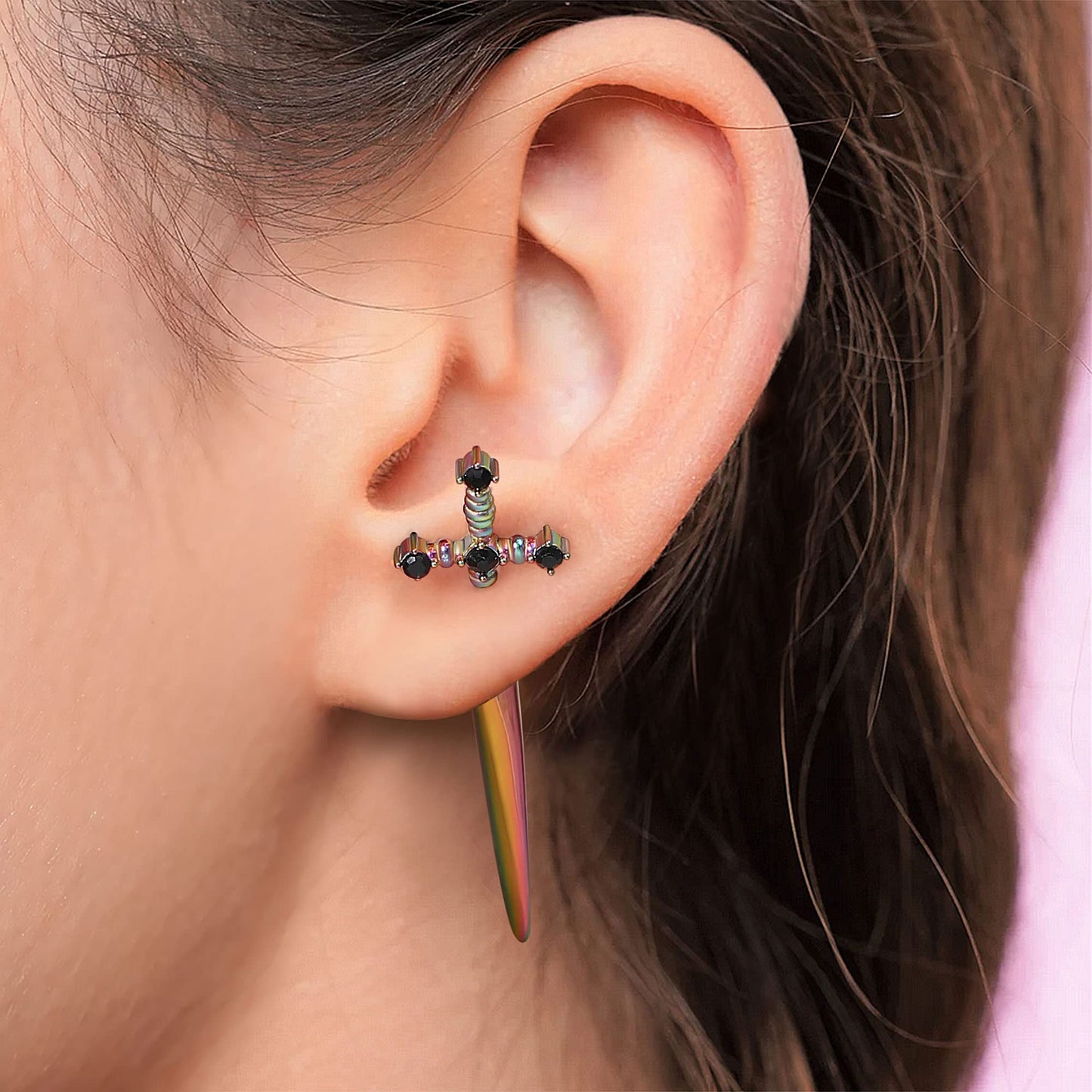 JSJOY Gothic Earrings For Women Sword Earrings, Goth Dagger Screw Back Earrings Cool Mens Earrings Fake Gauge Illusion Jewelry Stainless Steel 18g Ear Jacket Earrings