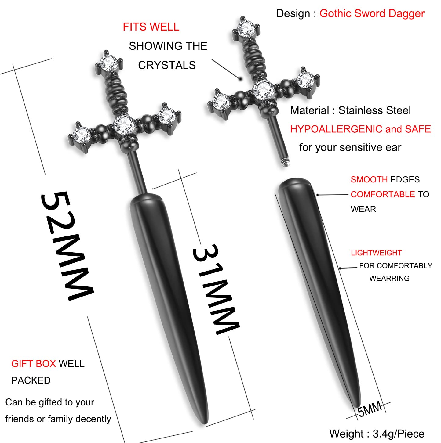 JSJOY Gothic Earrings For Women Sword Earrings, Goth Dagger Screw Back Earrings Cool Mens Earrings Fake Gauge Illusion Jewelry Stainless Steel 18g Ear Jacket Earrings