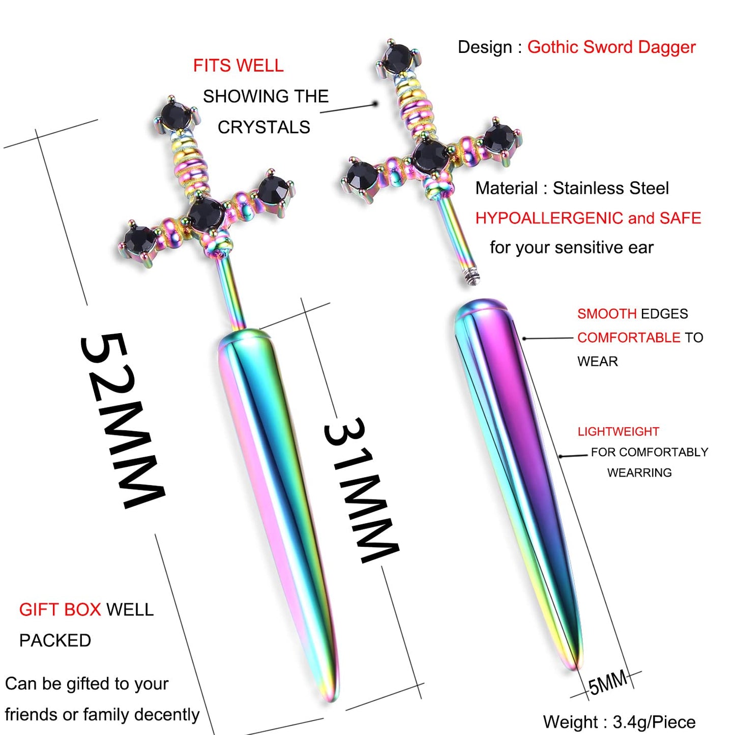 JSJOY Gothic Earrings For Women Sword Earrings, Goth Dagger Screw Back Earrings Cool Mens Earrings Fake Gauge Illusion Jewelry Stainless Steel 18g Ear Jacket Earrings