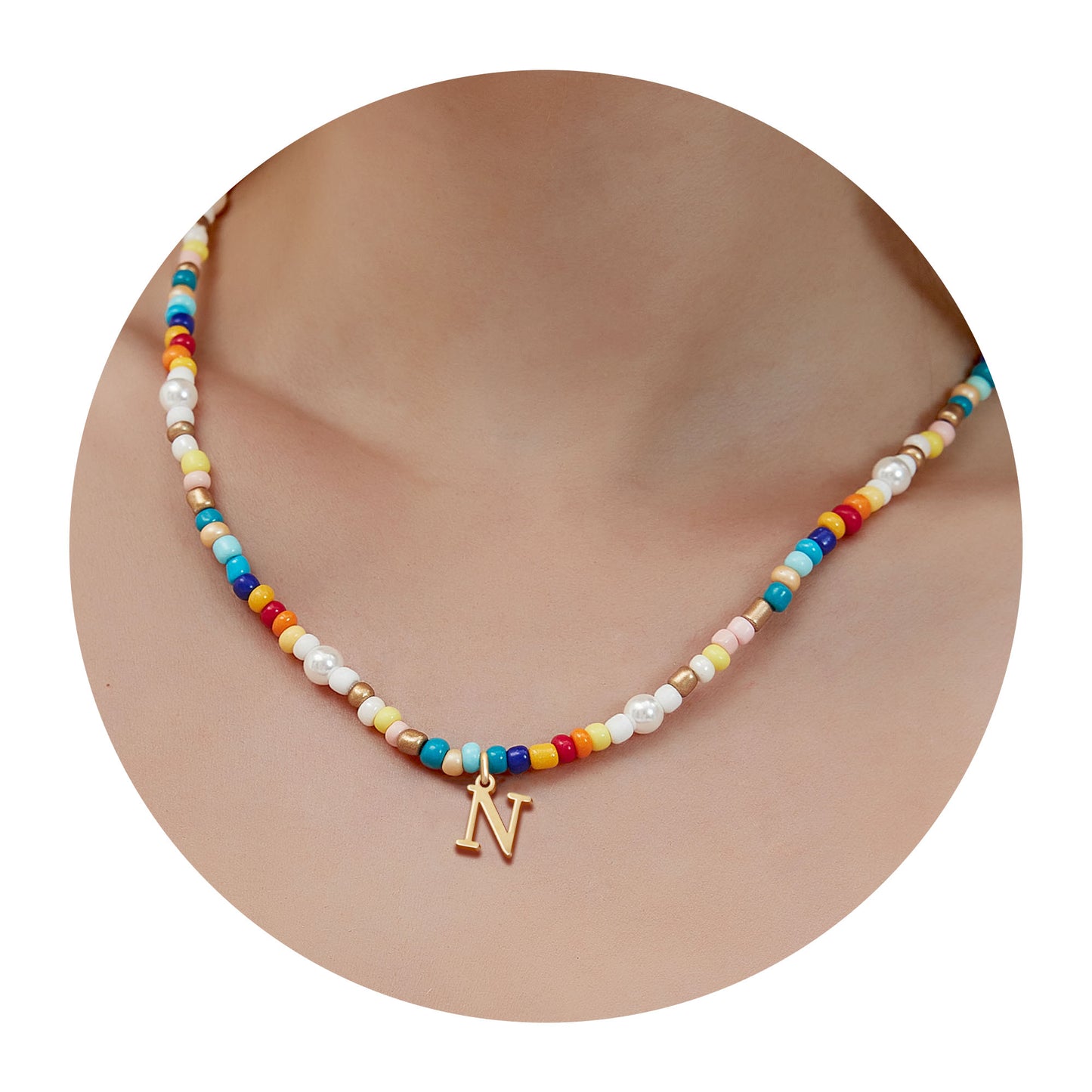 JSJOY Colorful Beaded Initial Necklaces for Women Girls Summer Beaded Choker Beach Necklace Rainbow Beaded Necklace Gold Tiny Letter A-Z Pendant Handmade Coloful Necklace Jewelry Gifts