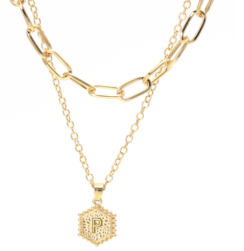 JSJOY 14K Gold Plated Paperclip Chain Necklace Simple Hexagon Letter Pendant Initial Choker Necklace Gold Layered Necklaces for Women Mother's Day Layered Initial Necklaces Gift for Mom
