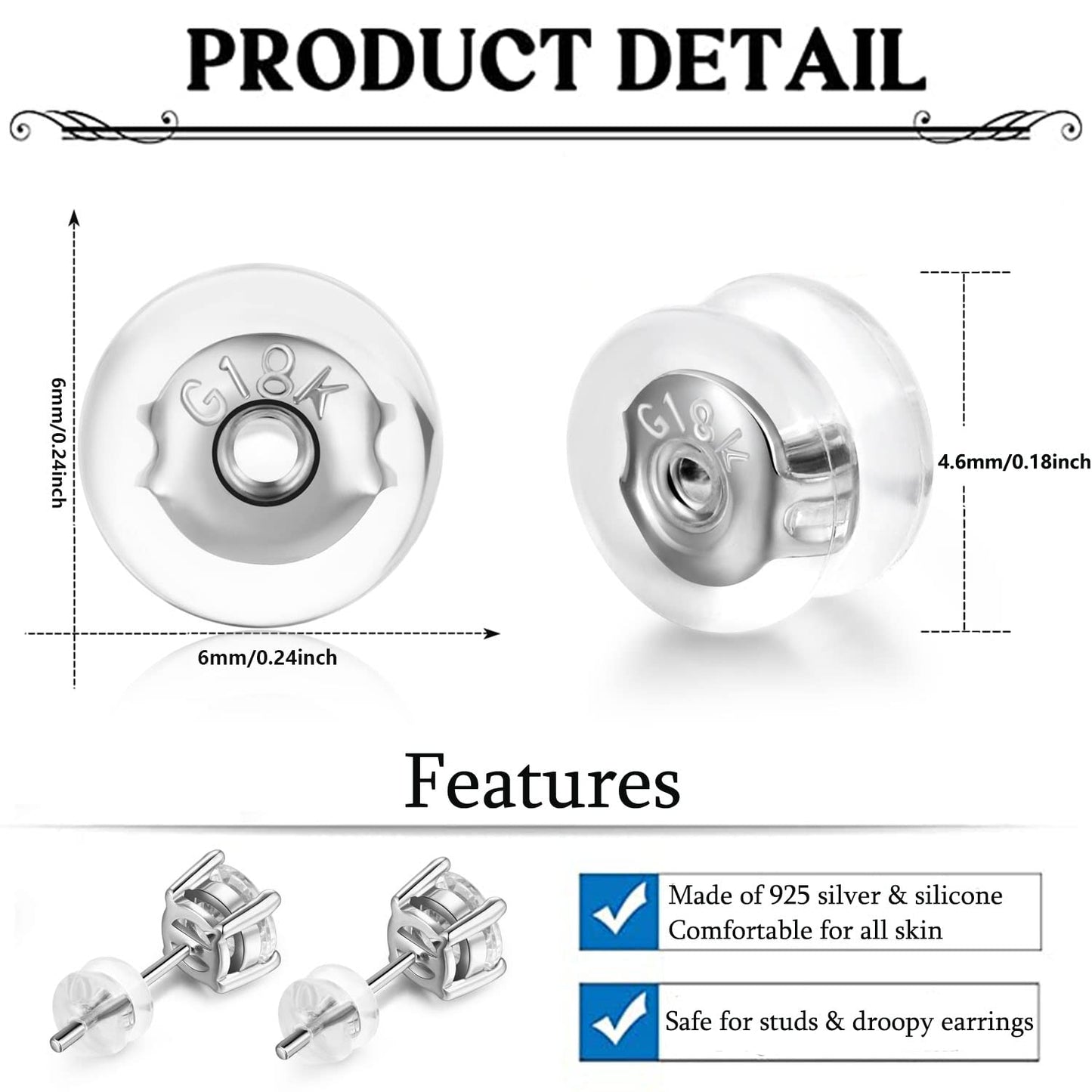 Sterling Silver Locking Secure Earring Backs for Studs Silicone Earring Backs Replacements for Studs Droopy Ears No-Irritate Hypoallergenice Earring Backs for Adults&Kid