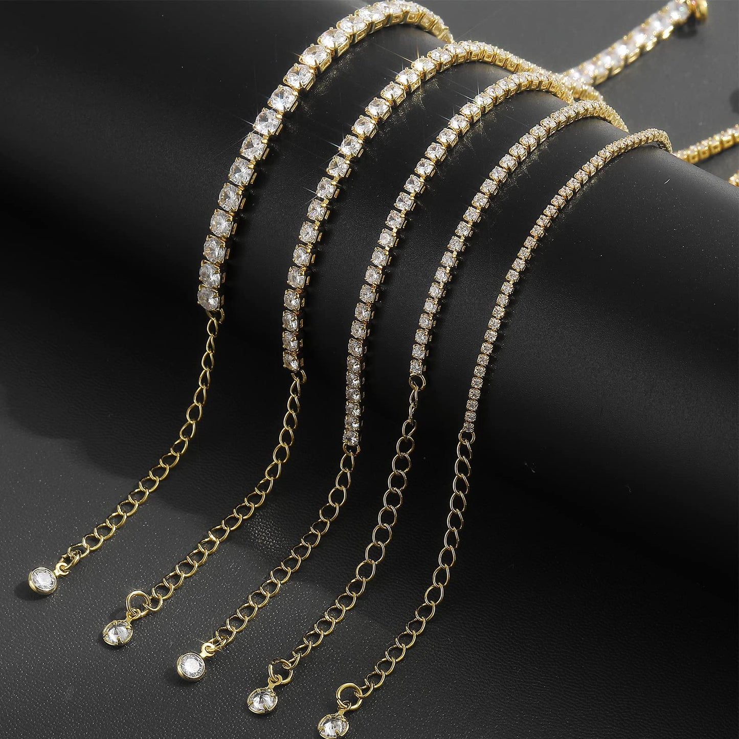 Diamond Bracelet 5 PCS Gold Tennis Bracelets for Women Teen Girls, 14K Gold Plated Adjustable Cubic Zirconia Charm Bracelets Pack, Classic Bracelets Aesthetic Jewelry for Gift