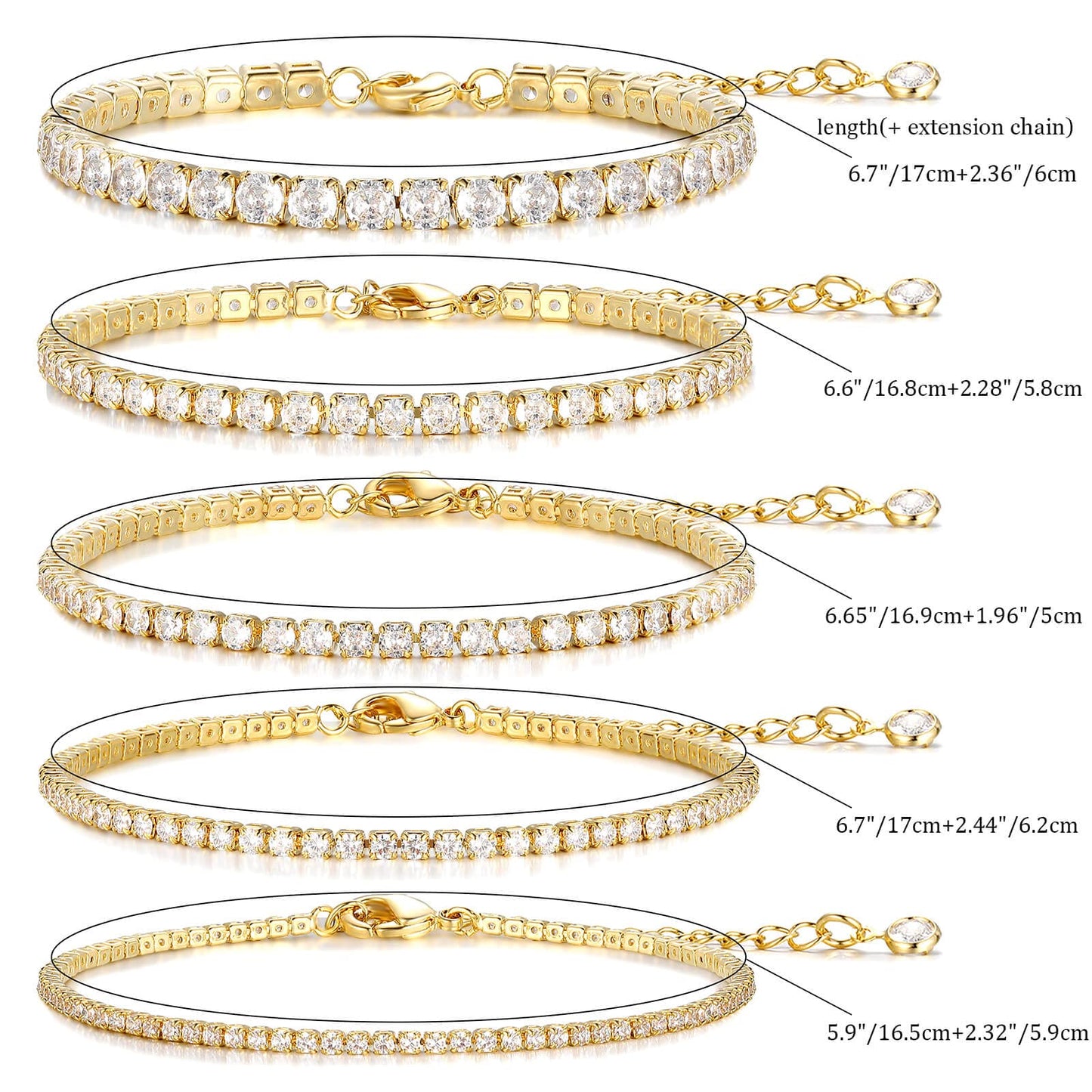 Diamond Bracelet 5 PCS Gold Tennis Bracelets for Women Teen Girls, 14K Gold Plated Adjustable Cubic Zirconia Charm Bracelets Pack, Classic Bracelets Aesthetic Jewelry for Gift