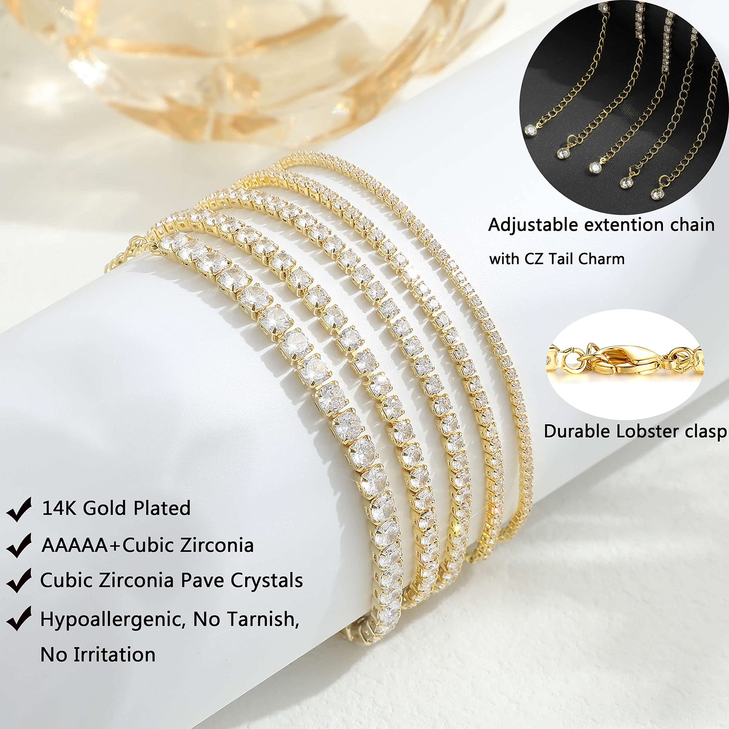Diamond Bracelet 5 PCS Gold Tennis Bracelets for Women Teen Girls, 14K Gold Plated Adjustable Cubic Zirconia Charm Bracelets Pack, Classic Bracelets Aesthetic Jewelry for Gift