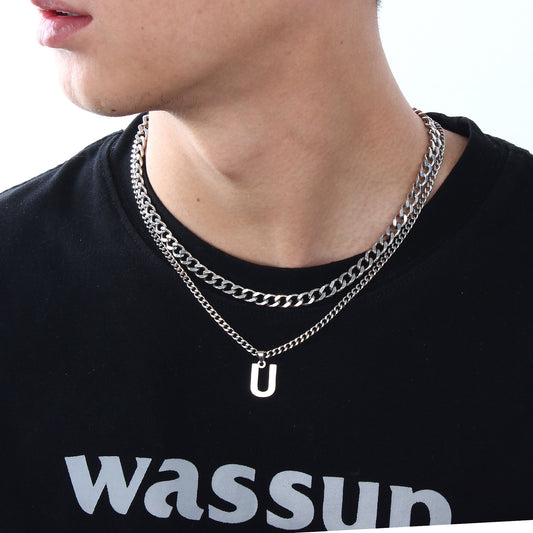 JSJOY Layered Initial Necklaces for Men 316l Stainless Steel Cuban Link Chain Alphabet Letter Pendant Necklace Gifts for Men Boys Jewelry