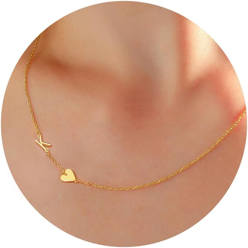 JSJOY Dainty Sideway Initial Necklaces for Women Girls 14K Gold Plated Heart Letter Choker Necklace Minimalist Jewelry Gifts