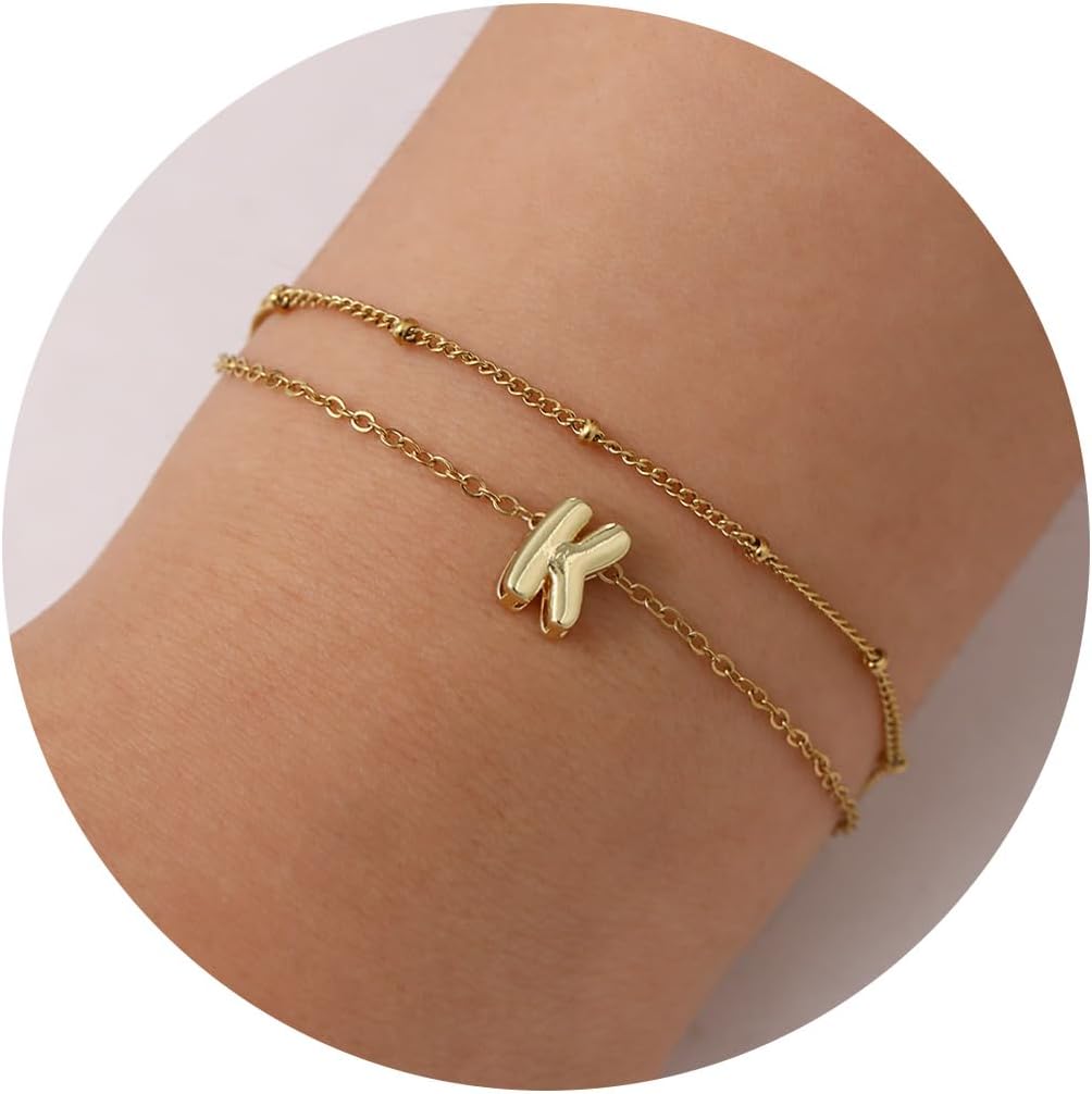 JSJOY Tiny Bubble Initial Bracelet for Women Girls Dainty Letter A-Z Bracelets Layered Balloon Letter Bracelet Gold Chain Alphabet Bracelets for Teen Girls Graduation Gifts for Her 2024