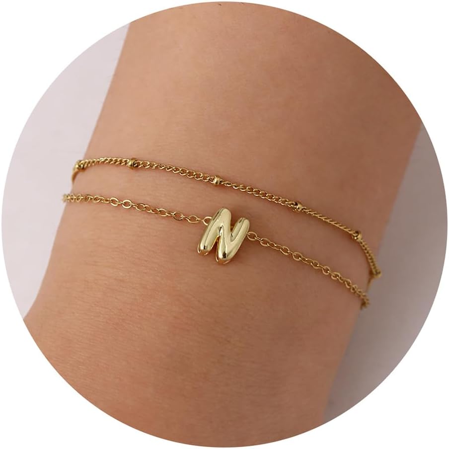 JSJOY Tiny Bubble Initial Bracelet for Women Girls Dainty Letter A-Z Bracelets Layered Balloon Letter Bracelet Gold Chain Alphabet Bracelets for Teen Girls Graduation Gifts for Her 2024