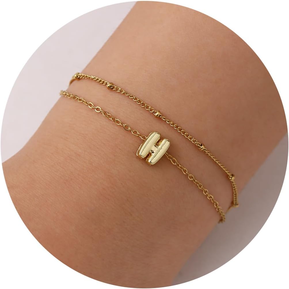 JSJOY Tiny Bubble Initial Bracelet for Women Girls Dainty Letter A-Z Bracelets Layered Balloon Letter Bracelet Gold Chain Alphabet Bracelets for Teen Girls Graduation Gifts for Her 2024