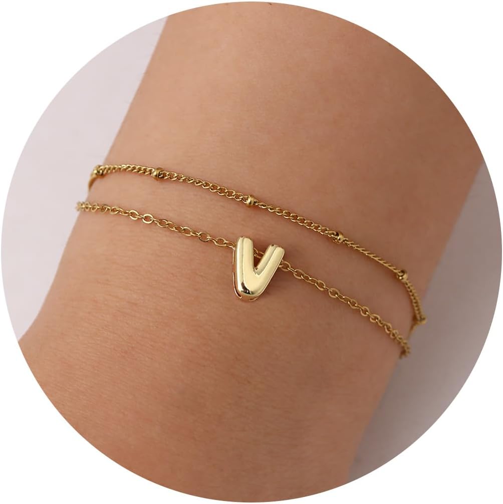 JSJOY Tiny Bubble Initial Bracelet for Women Girls Dainty Letter A-Z Bracelets Layered Balloon Letter Bracelet Gold Chain Alphabet Bracelets for Teen Girls Graduation Gifts for Her 2024