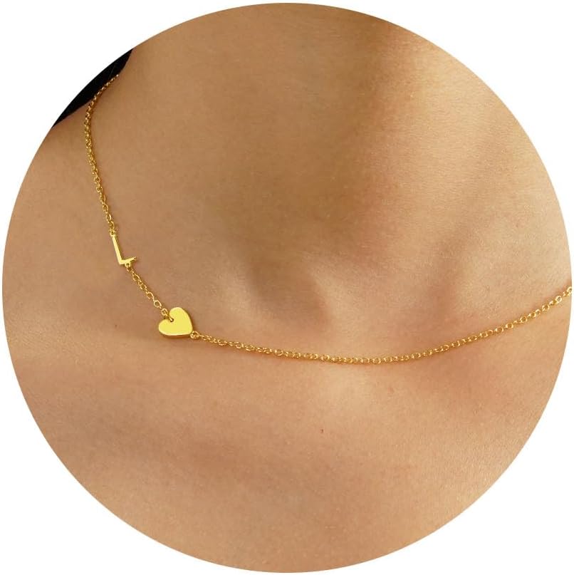 JSJOY Dainty Sideway Initial Necklaces for Women Girls 14K Gold Plated Heart Letter Choker Necklace Minimalist Jewelry Gifts