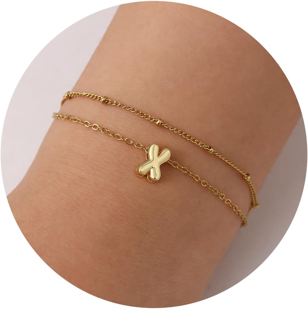 JSJOY Tiny Bubble Initial Bracelet for Women Girls Dainty Letter A-Z Bracelets Layered Balloon Letter Bracelet Gold Chain Alphabet Bracelets for Teen Girls Graduation Gifts for Her 2024